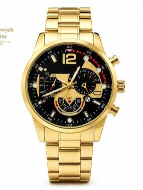 WA-07--Luxury Men's Gold Tone Quartz Watch Black Dial Stainless Steel Bracelet B